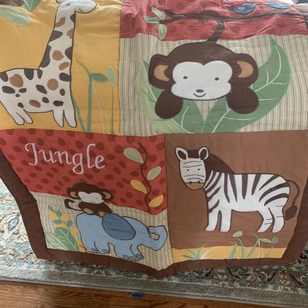 Jungle Animal Patchwork Baby Quilt - Brown, Yellow, Red